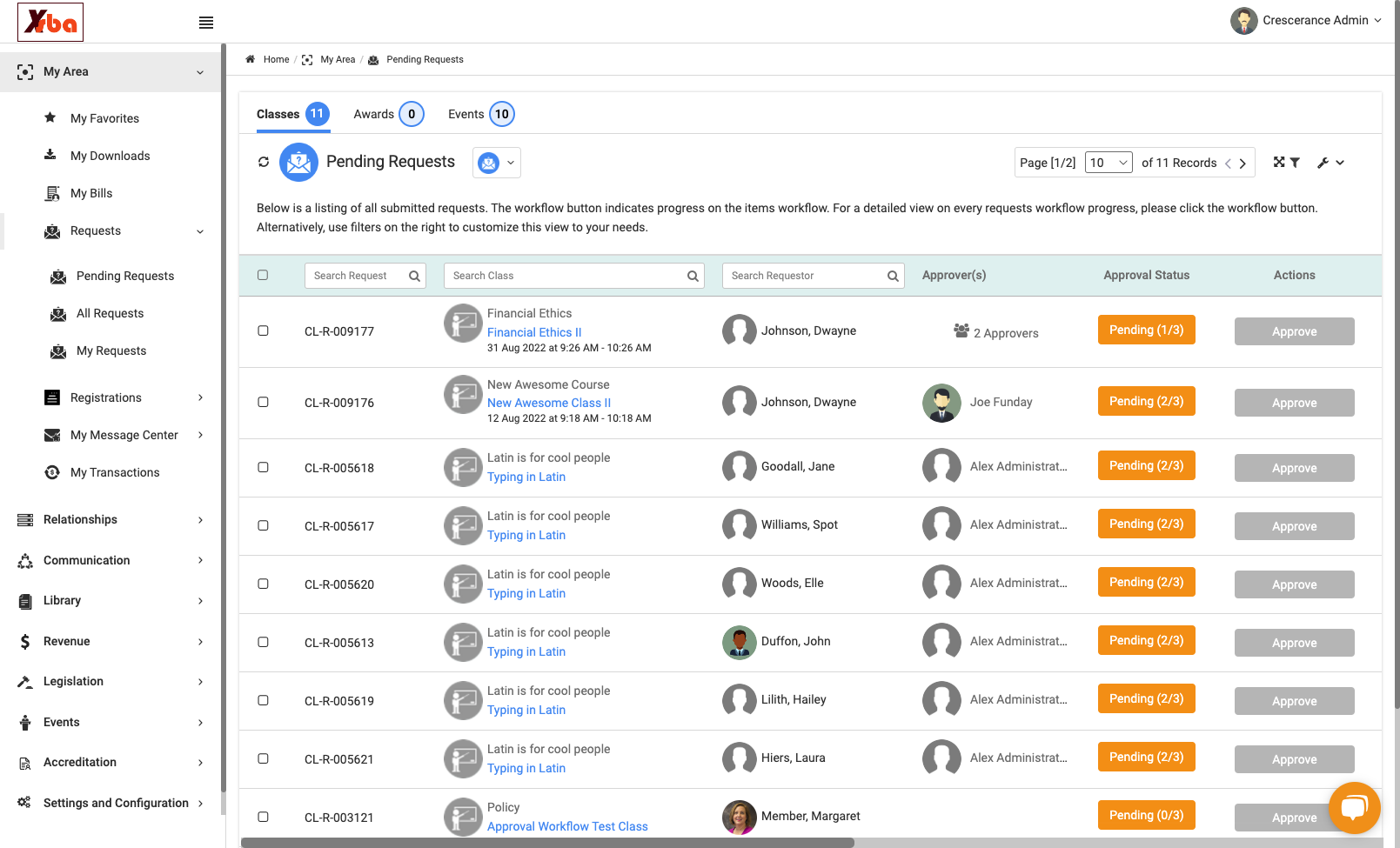 You'll see here, under the Approval Status column, that all of these have 1 or more approval steps pending.