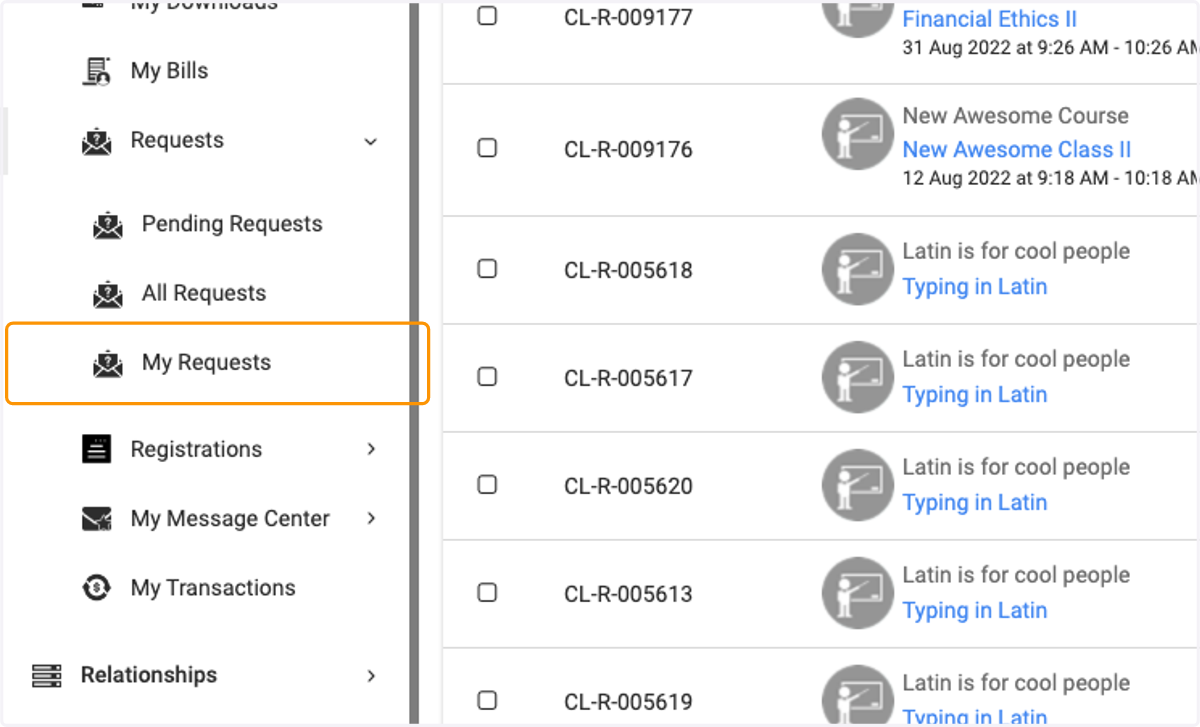 Next we have My Requests, this will display all of the requests you have sent through to be approved