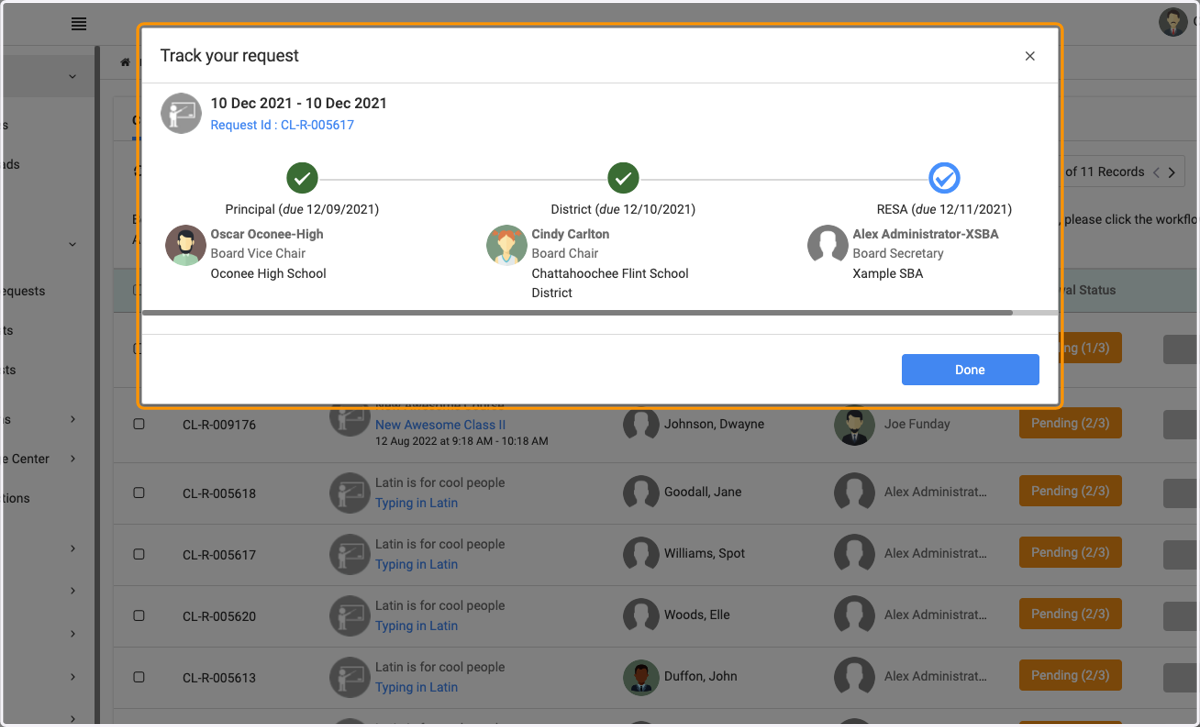 In this box you'll see all of the steps in place for this particular request. A green check mark means that the request has been approved at that step. A blue check mark means that it is still pending action