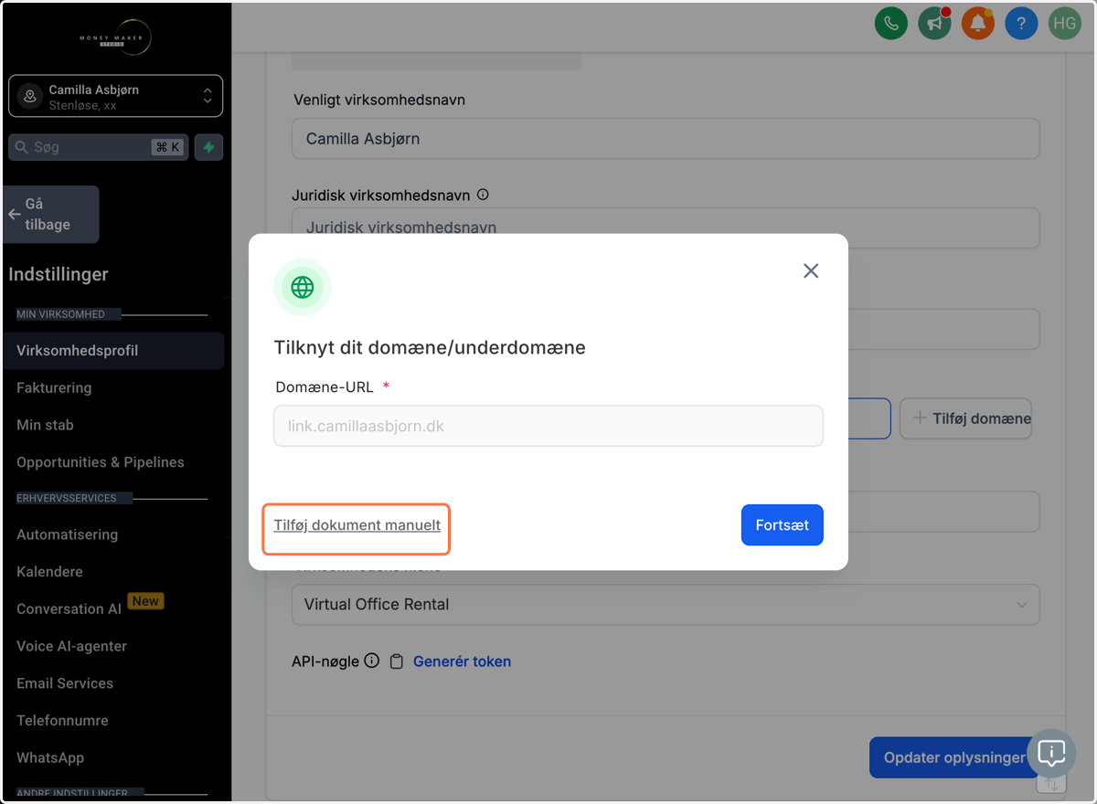 Klik på linket "Add record manually/Tilføj domæne