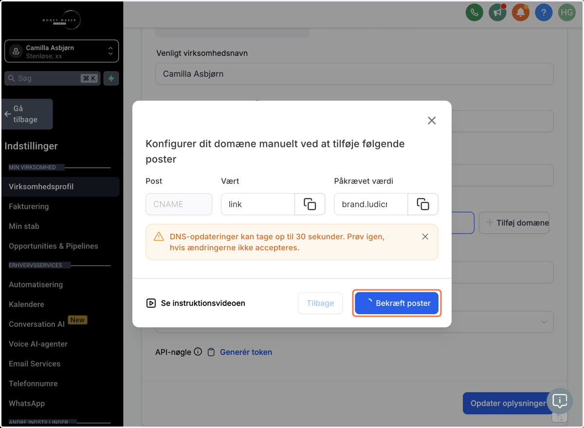 Når du har oprettet din record, så gå tilbage til MoneyMakerStudio og klik på "Verify/Bekræft poster"