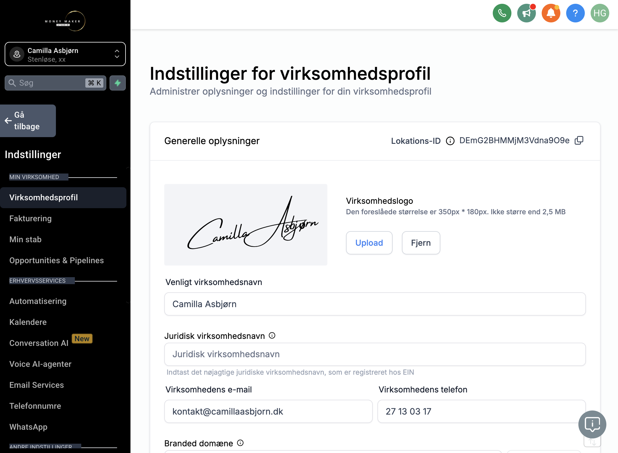 Klik på Business Profile/Virksomhedsprofil