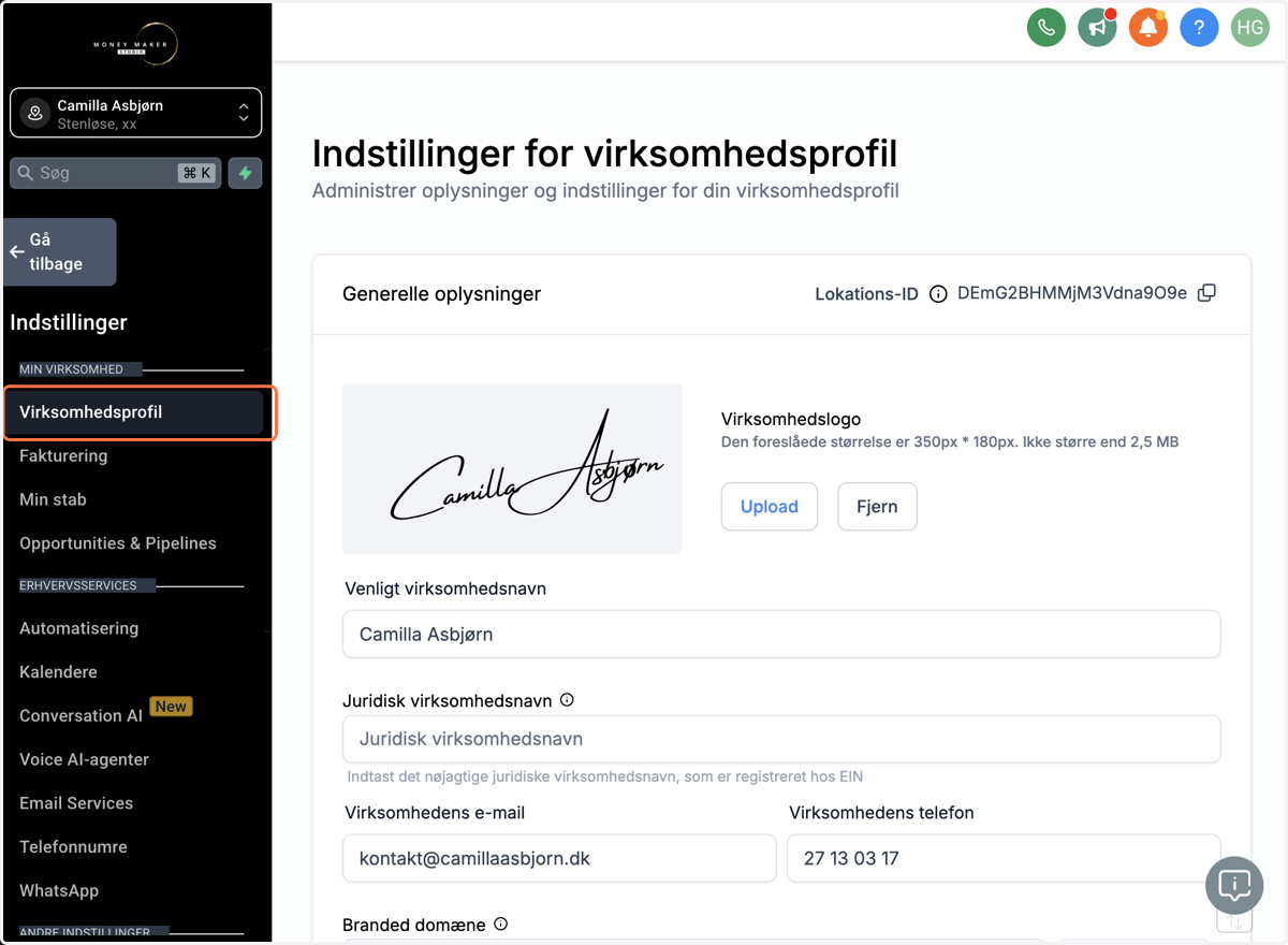 Klik på Business Profile/Virksomhedsprofil
