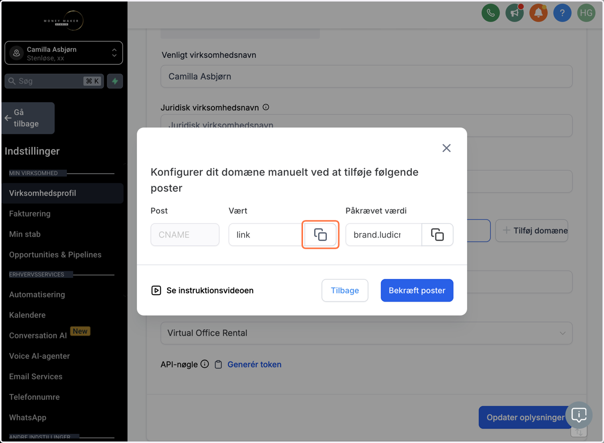 Opret denne CNAME-record under DNS indstillinger hos din hostingudbyder