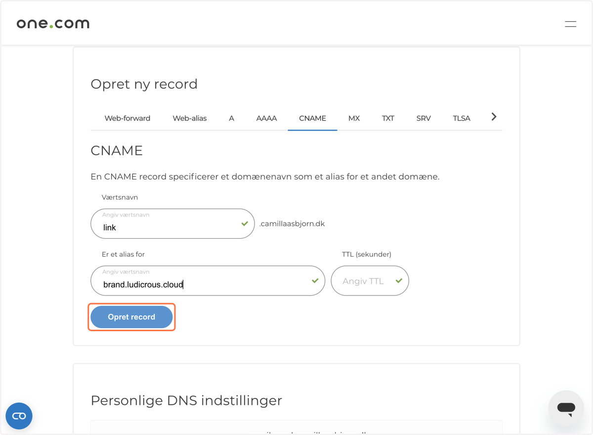 Eksempel på CNAME record hos one.com