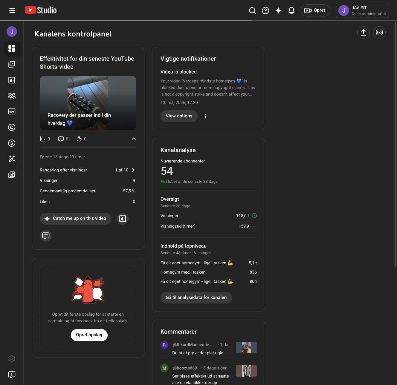 Click on Effektivitet for din seneste YouTube Shorts-video…