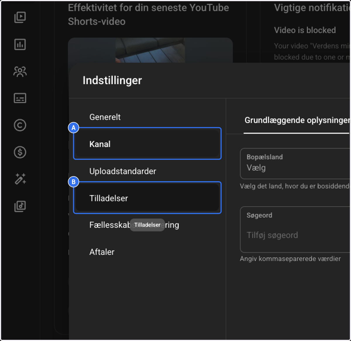 A. Click on Kanal B. Click on Tilladelser