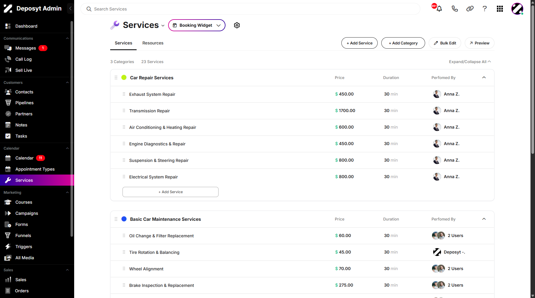 Step 1: On your Dashboard, navigate to the Services tab under the Calendar section.