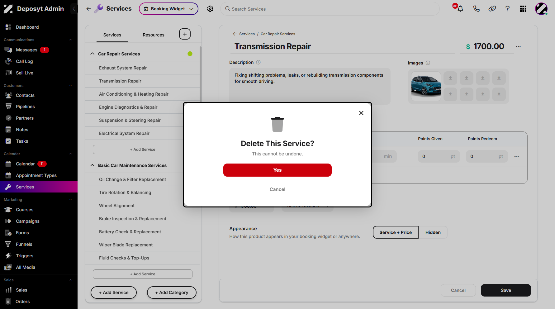 Step 9: You can now delete the selected service by clicking 'Yes' to proceed.