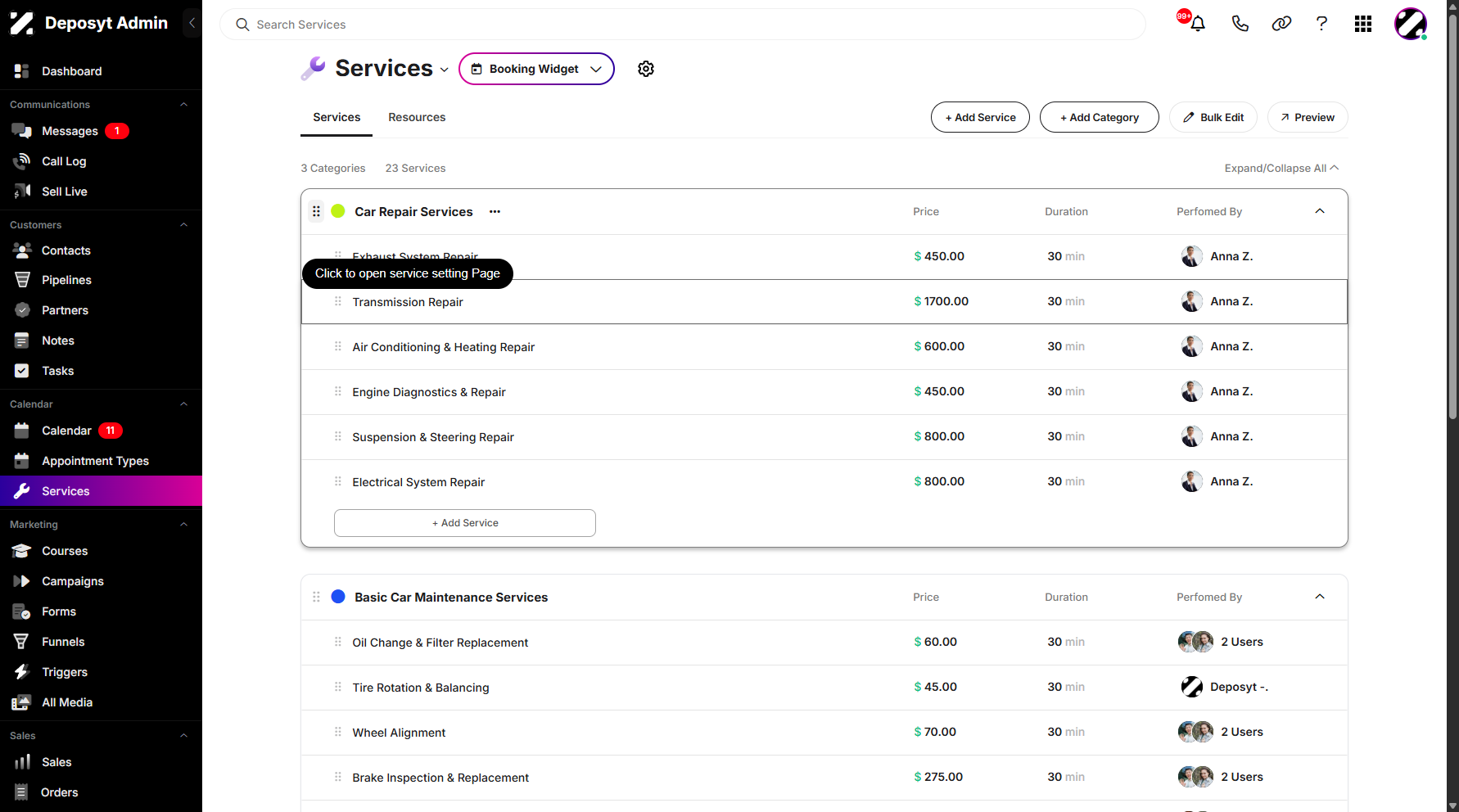 Step 3: Click any service from the services list to navigate.