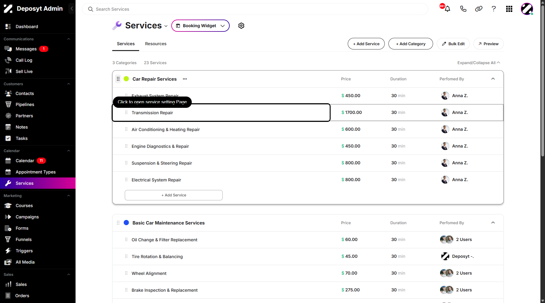 Step 3: Click any service from the services list to navigate.