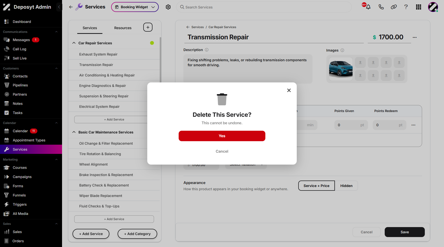 Step 6: A pop-up window will appear, warning that this action cannot be undone. Click 'Yes' to delete the service or 'Cancel' to keep it.