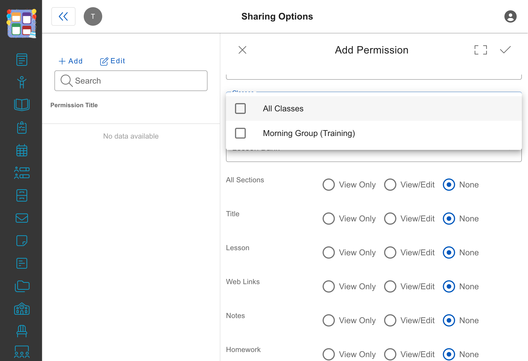 Click on the classes you want to share lessons for with other teachers