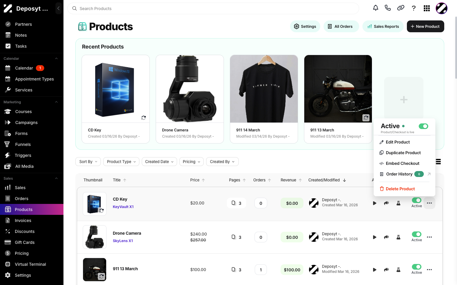 Step 4: Here, you can activate or deactivate a product, edit a product, duplicate a product, embed checkout, view the order history, or delete the product.