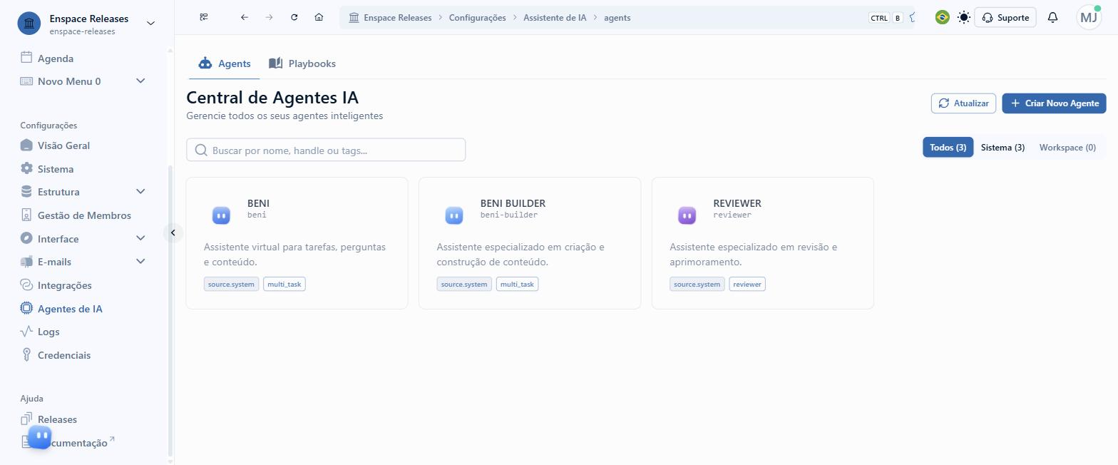 Central de Agentes IA com os filtros Todos, Sistema e Workspace