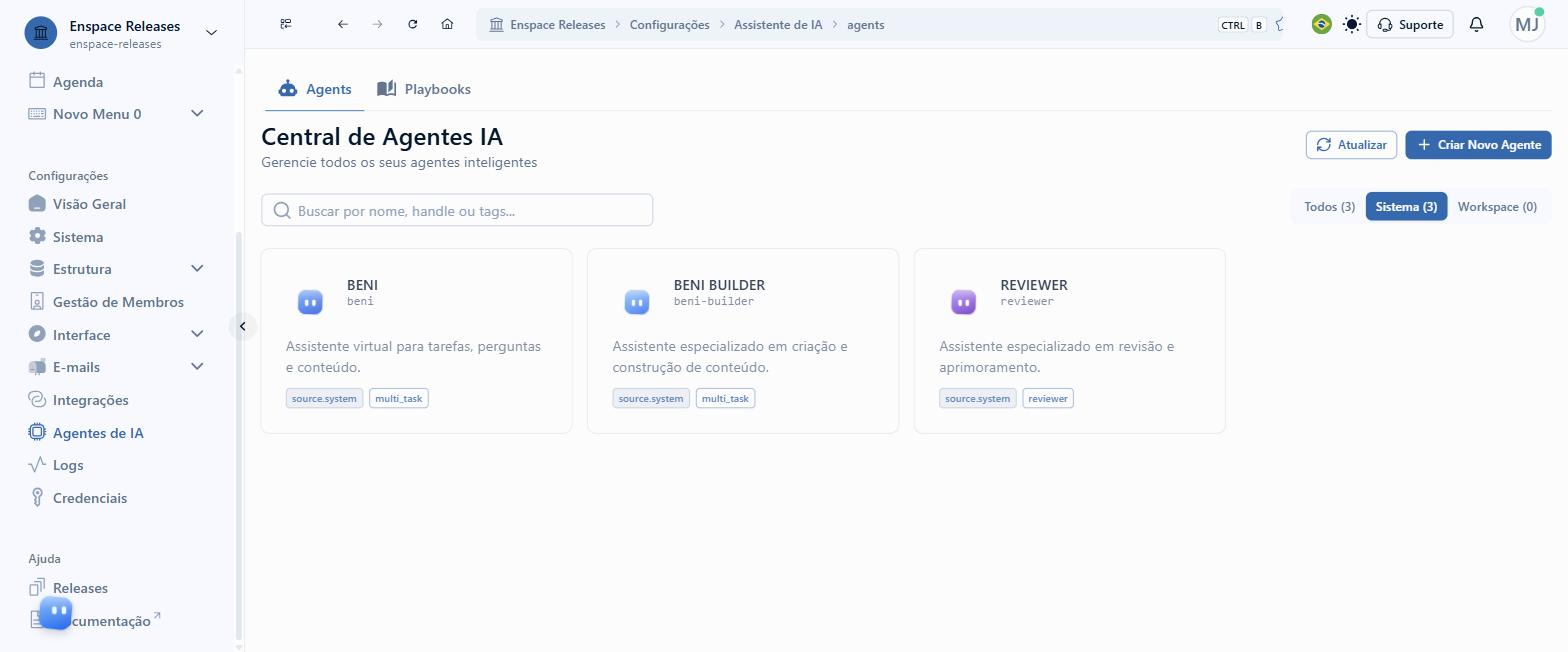 Cards dos três agentes nativos do ENSPACE
