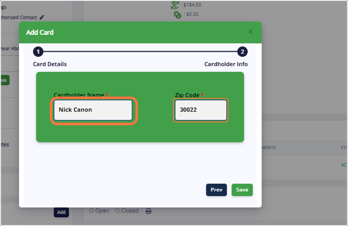 Type the Cardholder Name and Zip Code.