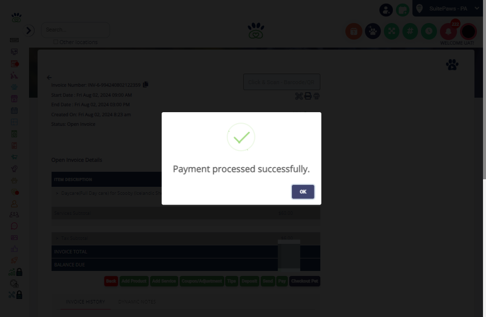 The payment has been processed successfully. Click on OK.