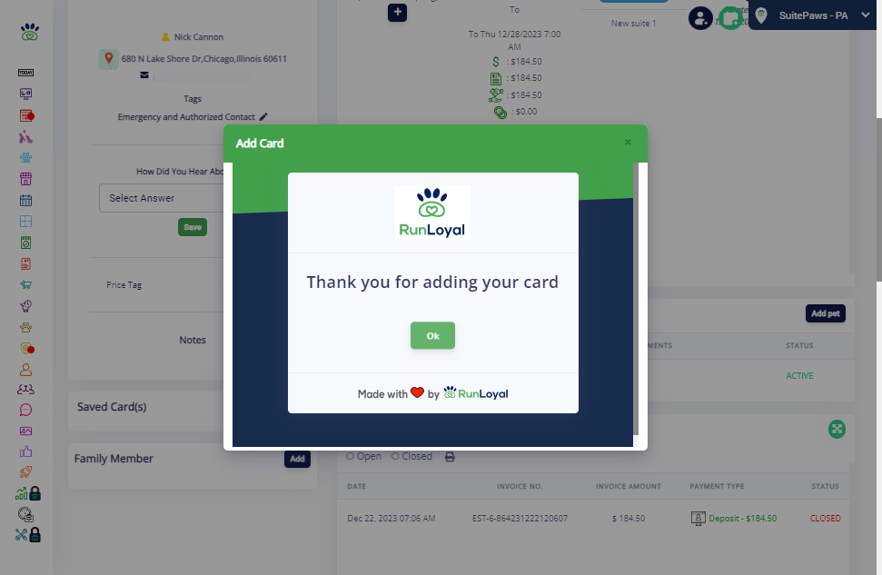 Now, the card has been added to the Pet Owner page. Click on OK.