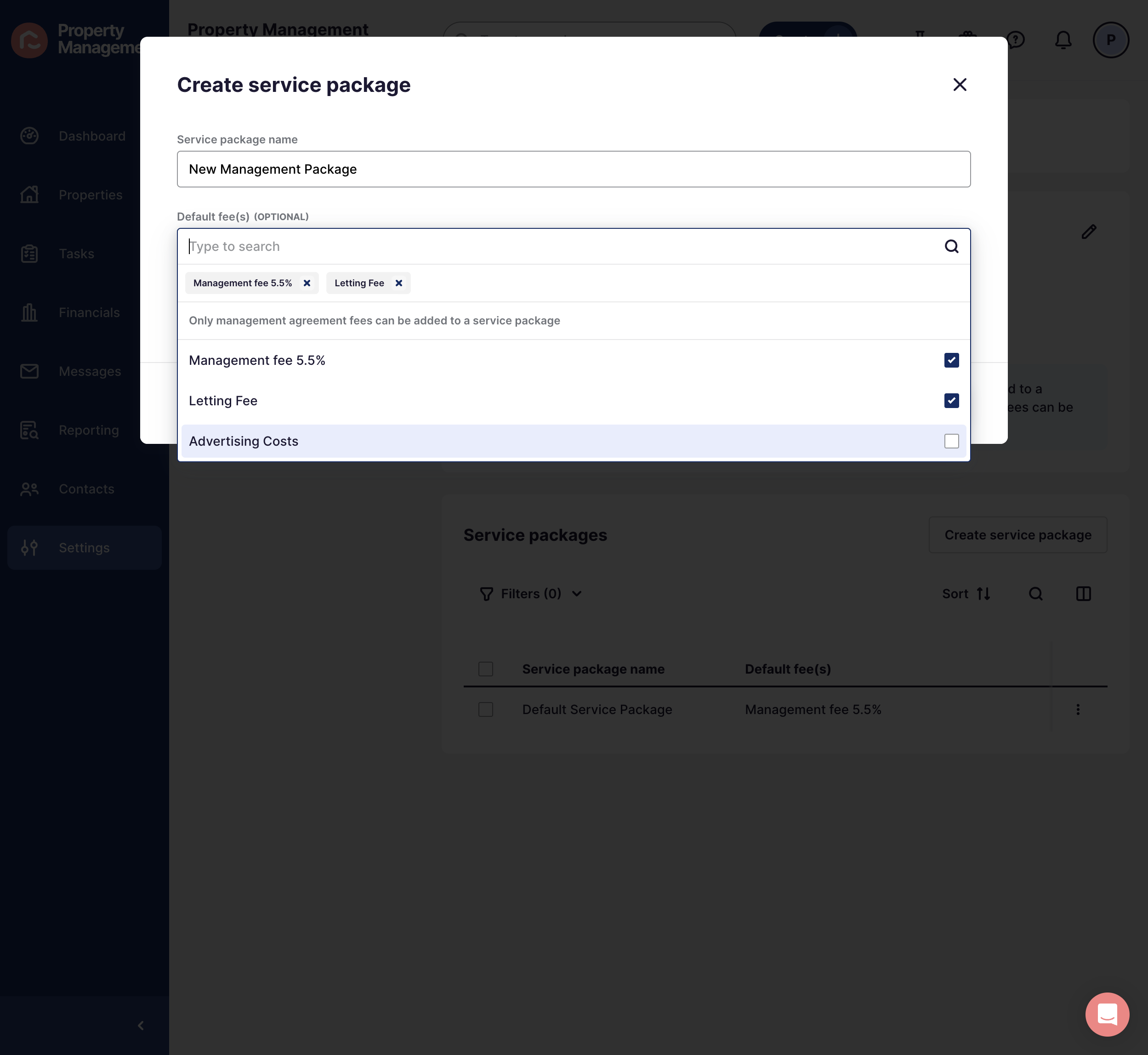 Add the fee's included in this service package