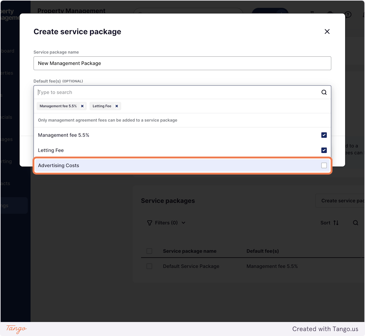 Add the fee's included in this service package