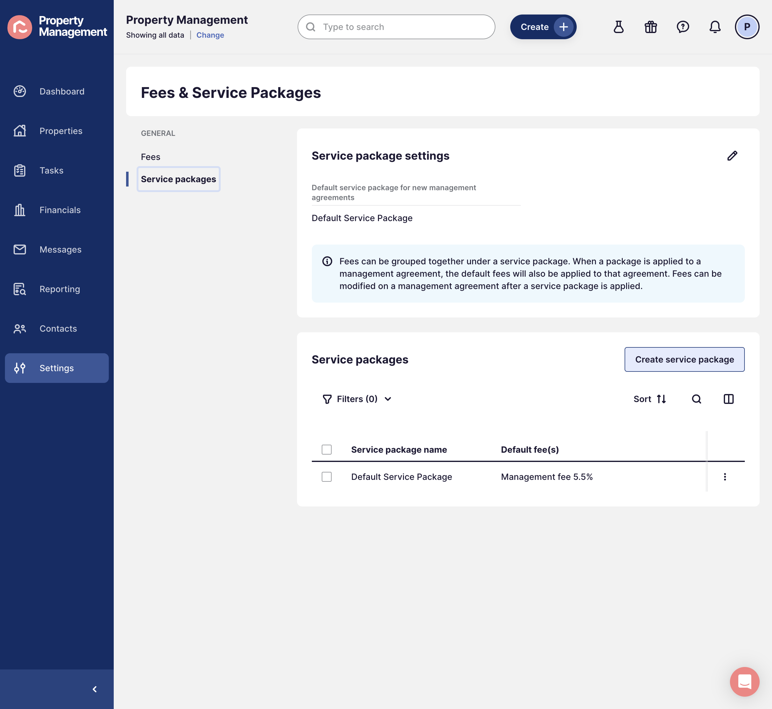 Click on Create service package