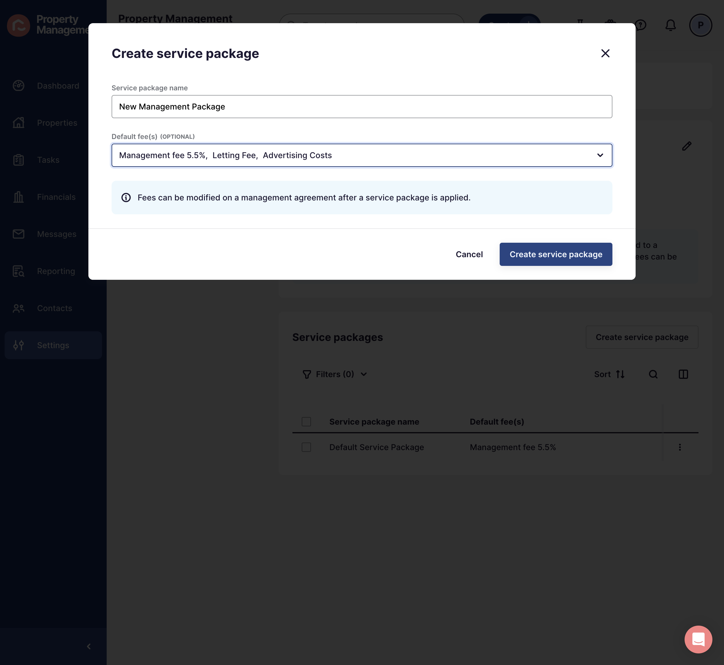 Click on Create service package