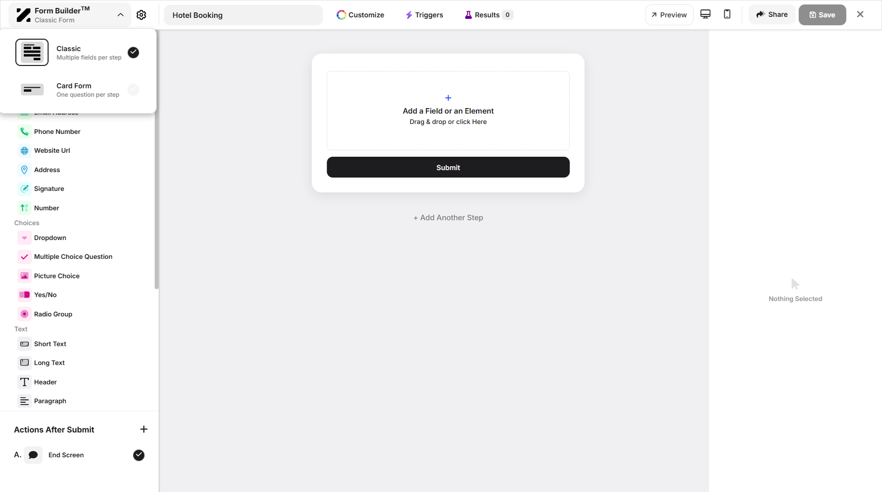 Step 7: Click the Form Builder dropdown menu to change the form type. From the pop-up window, click Card Form to proceed.