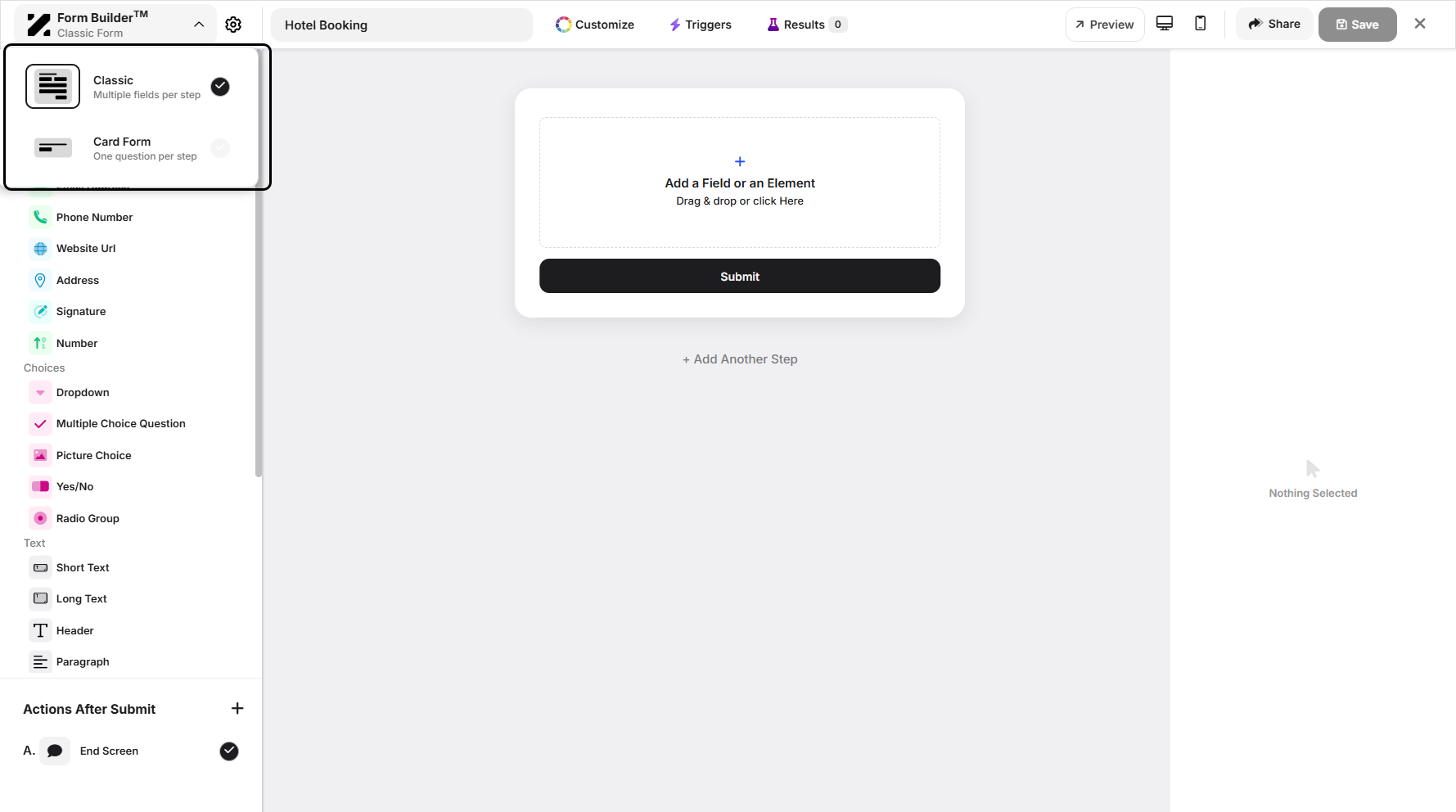 Step 7: Click the Form Builder dropdown menu to change the form type. From the pop-up window, click Card Form to proceed.