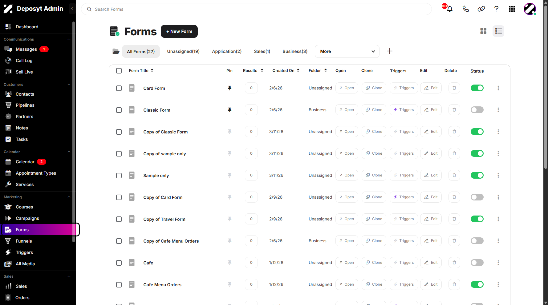 Step 1: On your Dashboard, navigate to the Forms tab under the Marketing section.