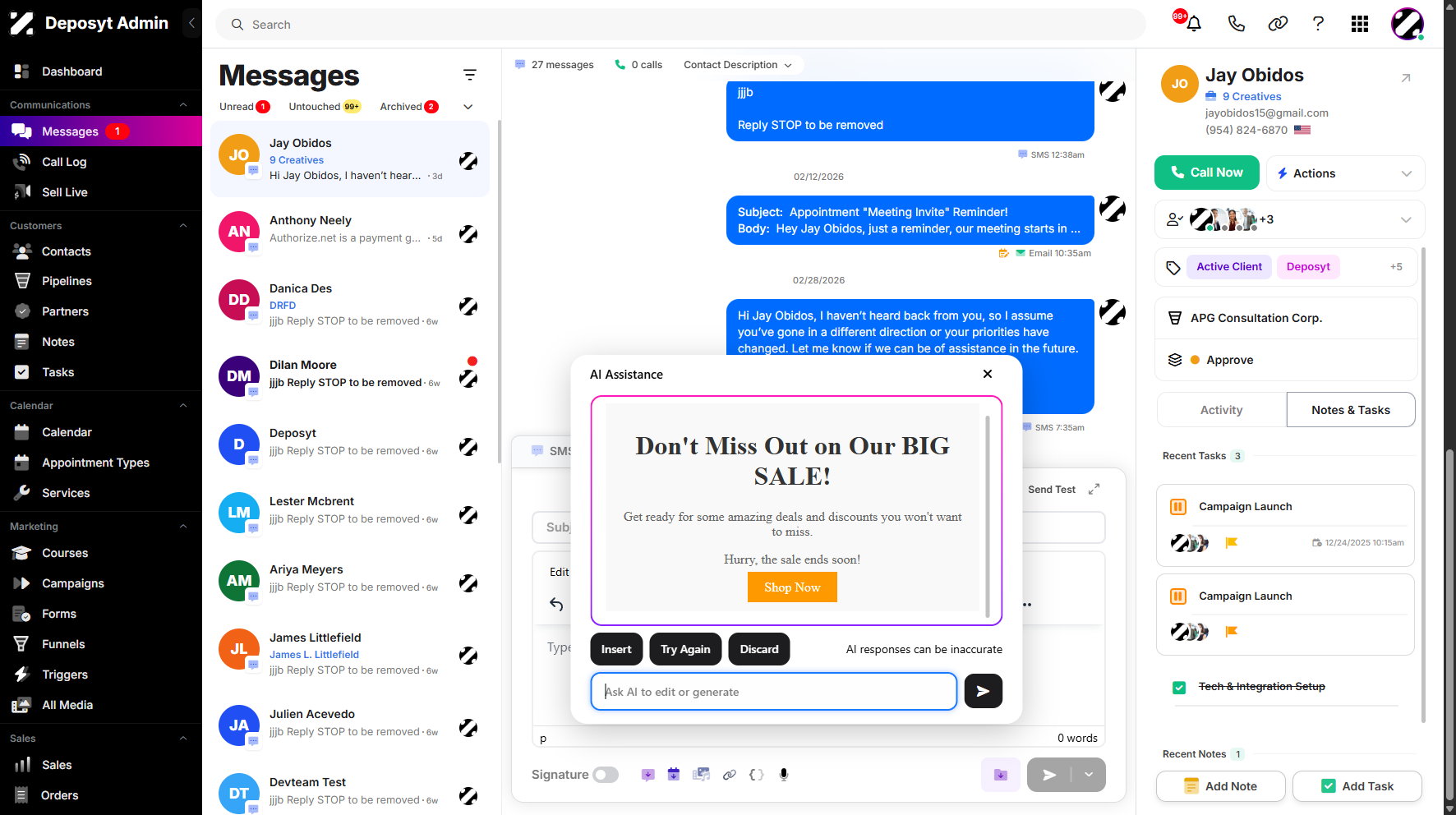 Step 9: The AI will then generate the email you requested. From here, you can ask AI to edit the generated email or generate a new one by clicking the Try Again button. You can also choose to either discard or insert the generated email.