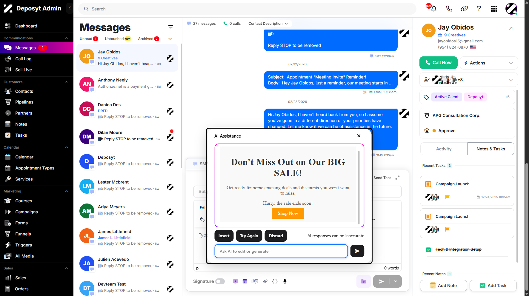 Step 9: The AI will then generate the email you requested. From here, you can ask AI to edit the generated email or generate a new one by clicking the Try Again button. You can also choose to either discard or insert the generated email.