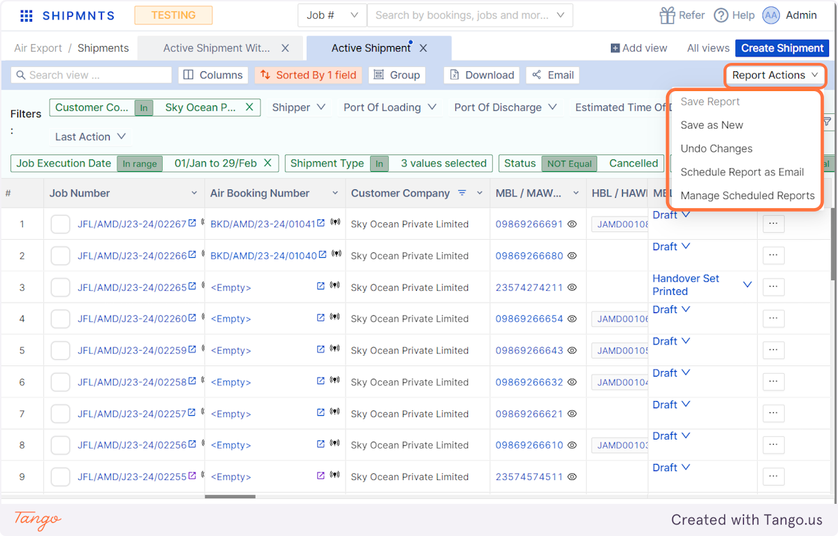 Save applied filters, create new views, or undo: Report actions enable you to customise and control your report views.