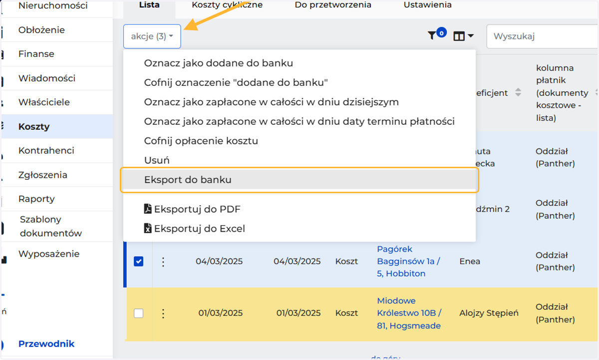 Z listy akcji wybierz tę opcję. Na urządzeniu zapisze się plik tekstowy (lub archiwum zip. z plikami) do eksportu do banku. Zaloguj się do banku i wybierz odpowiedni plik z urządzania.