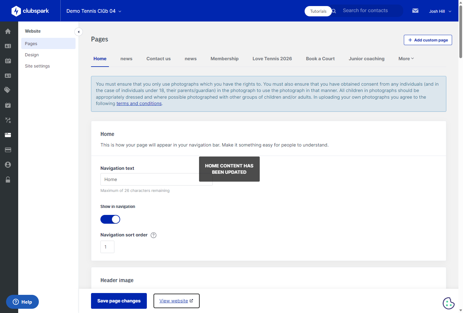 Click on View website to see your changes