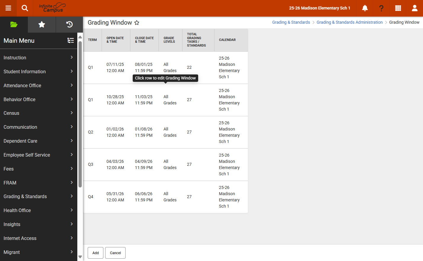 Click on Edit to see the list of existing grading windows. Select the grading window to edit.