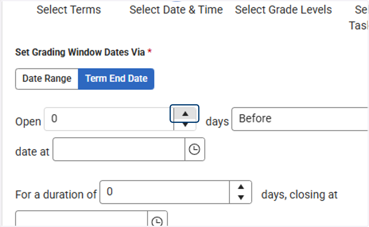 Select how many days before the term ends to open the grading window.