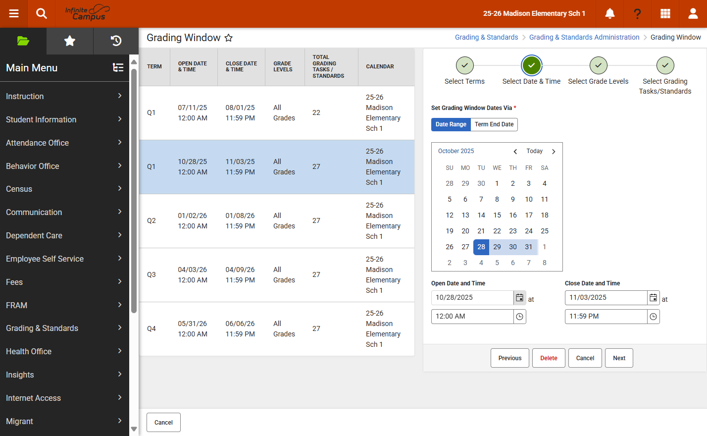 Adjust the start and end date by using the calendar icon and selecting the date on the calendar. Adjust the times as needed by selecting the clock icon.