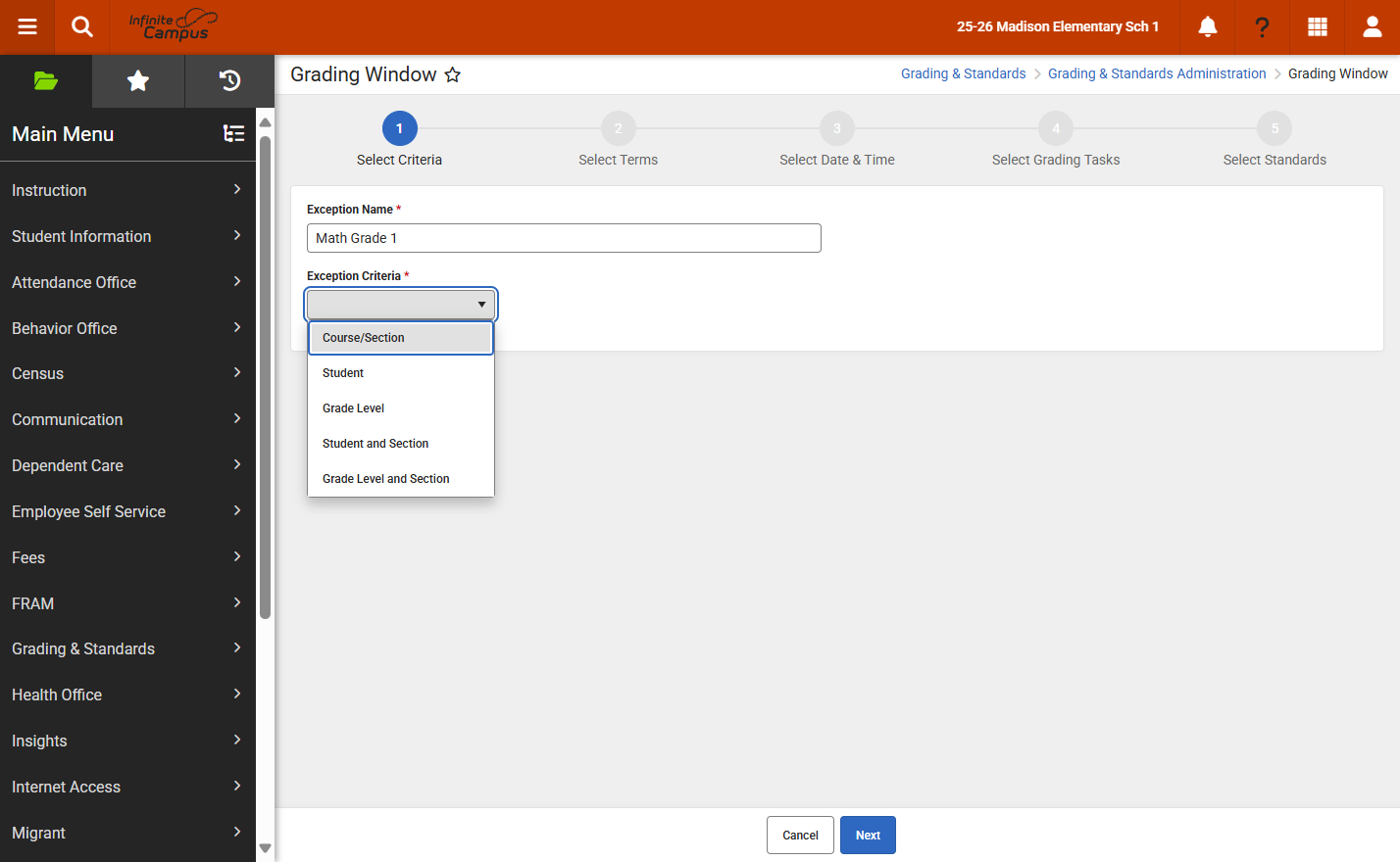 Select the exception criteria