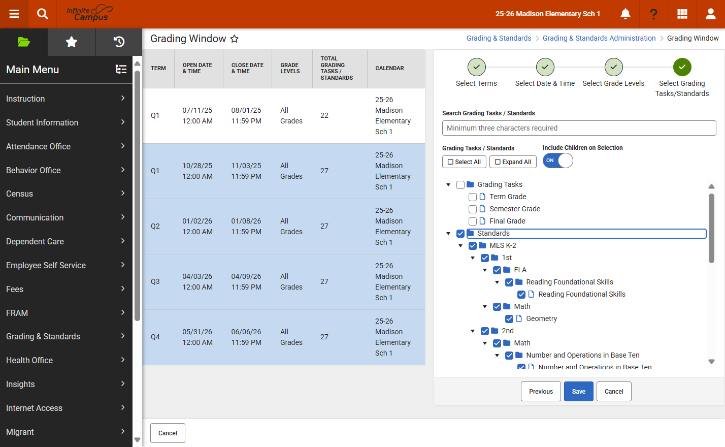 Select which Standards will be included during the grading window.