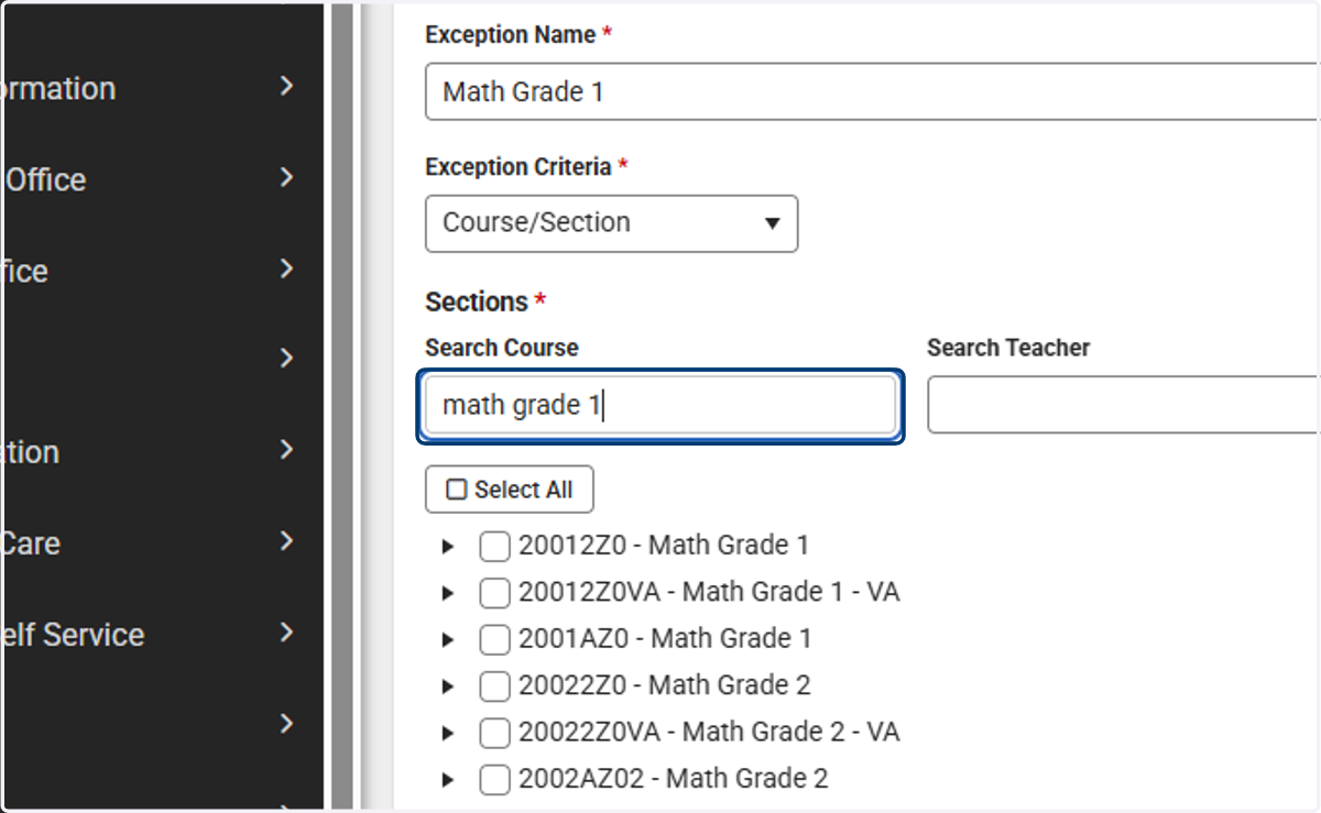The exception criteria options will vary based on the criteria chosen.