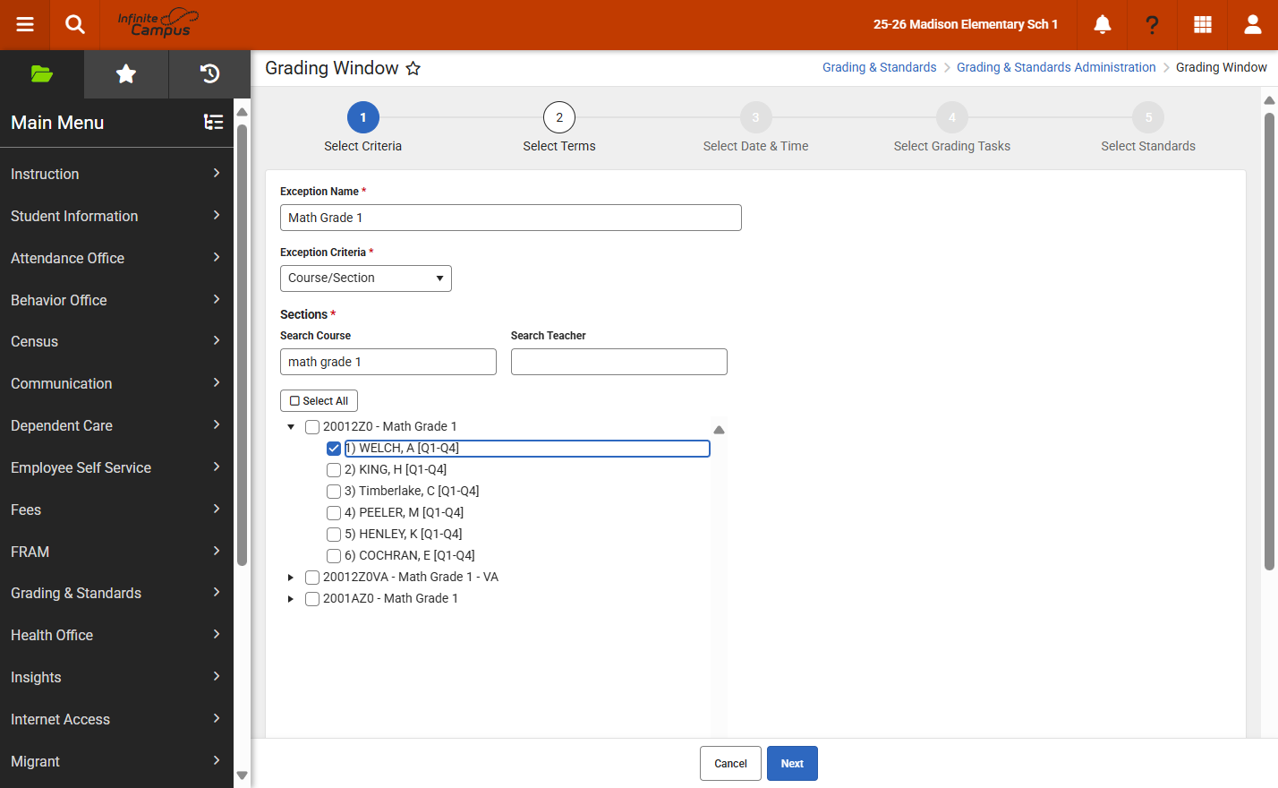 Select the criteria to include in the exception.