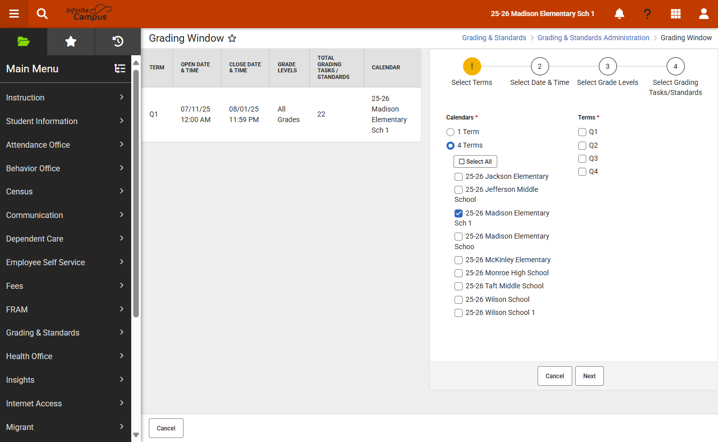 Calendars and terms listed will be based on the user tool rights. Select the terms and calendars as available.