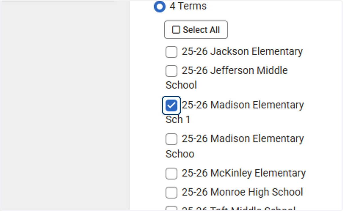 Calendars and terms listed will be based on the user tool rights. Select the terms and calendars as available.