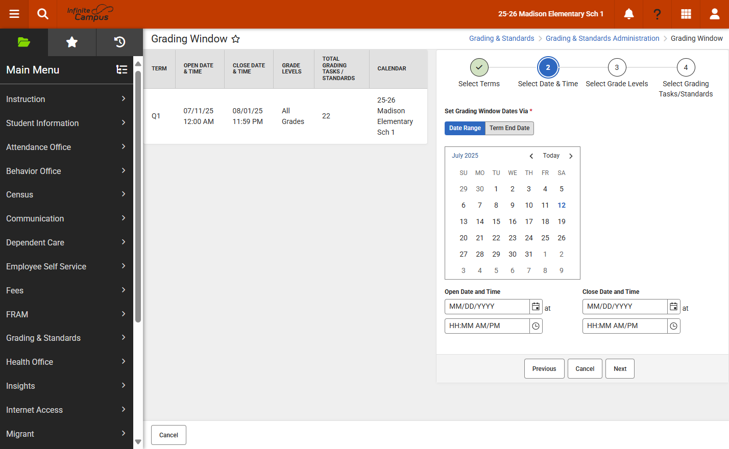 Select Date Range to set specific dates or use the Term End Date to set the window based on when the term ends.