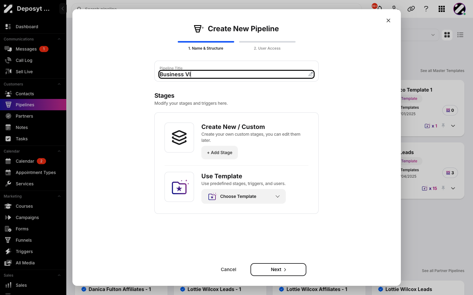 Step 3: Enter the pipeline title, choose either a custom pipeline or a template, and then click Next.