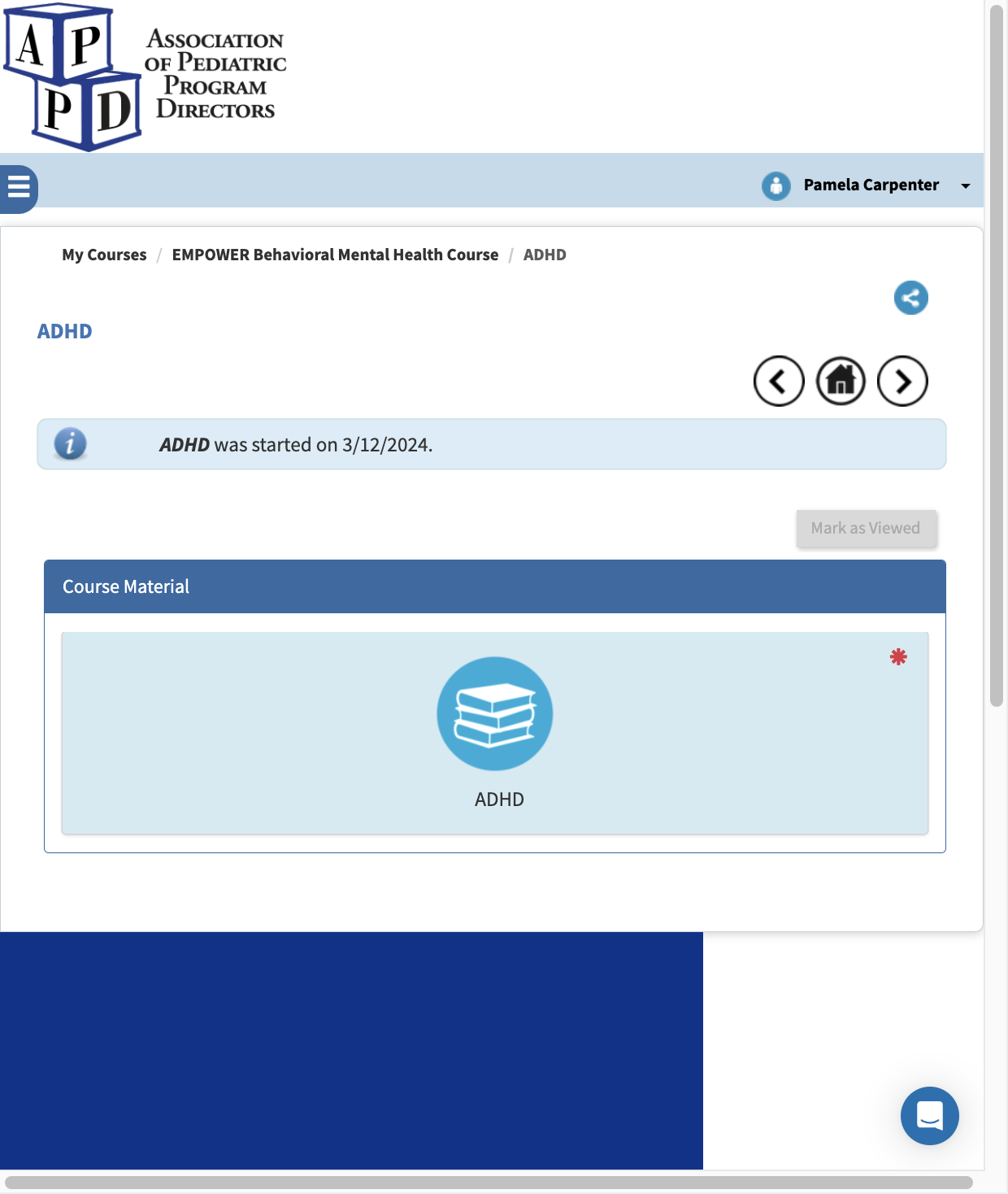 The program does keep track of where you left off in case you need to exit and return. The book icon box will be blue if you have started already and white if you have not clicked on this module previously.