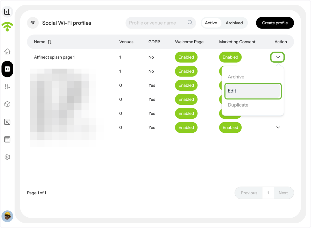 A preview of your social WiFi profiles will appear. Under Actions, click on the profile's drop-down menu you wish to…