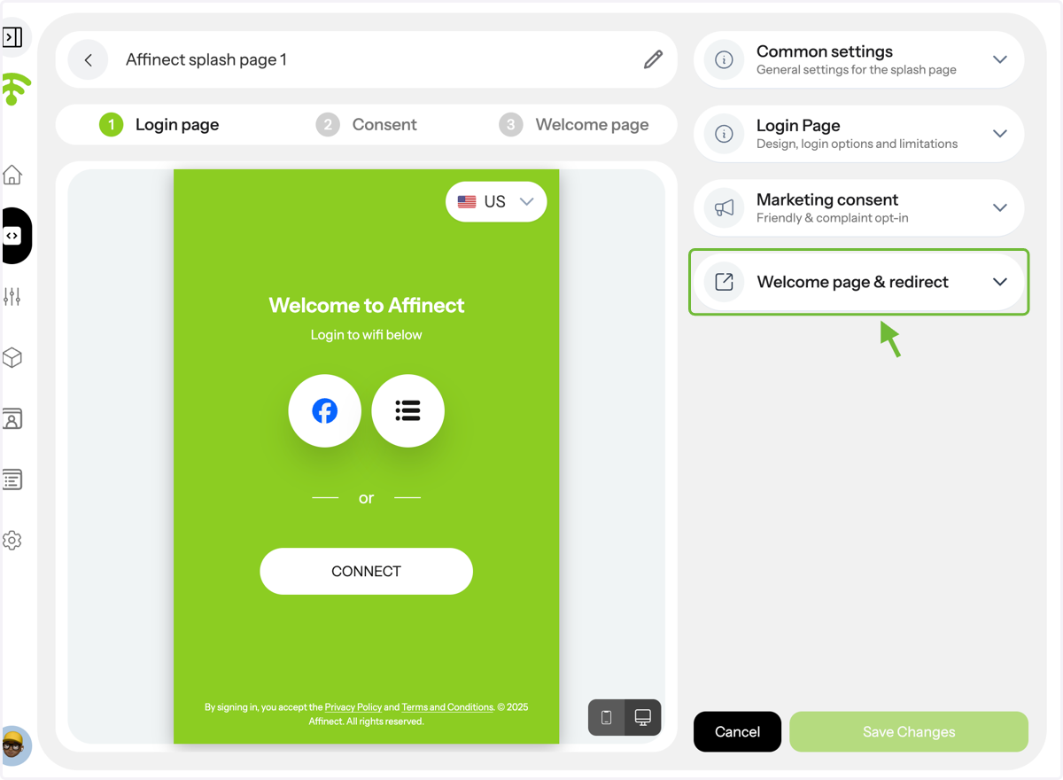 A preview of your splash page will appear with settings on the right-hand side. Click on the 'Welcome Page & redirect' to customize.