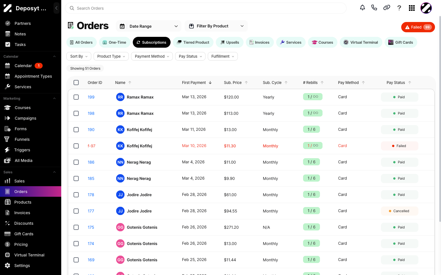Step 3: By default, the All Orders tab is displayed. Click the Subscriptions button to view subscription orders. Here, you can see the Order ID, Customer Name, First Payment, Sub Price, Sub Cycle, Rebills , Payment Method, and Pay Status.
